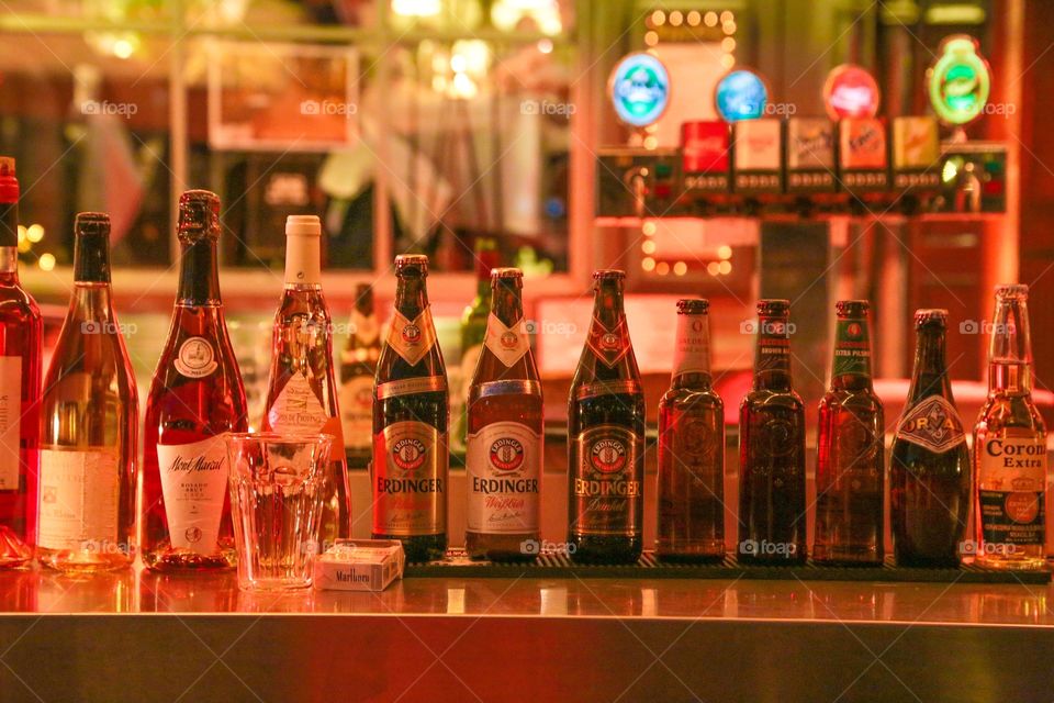 Bar interior. Bar and bottles of beer and wine 