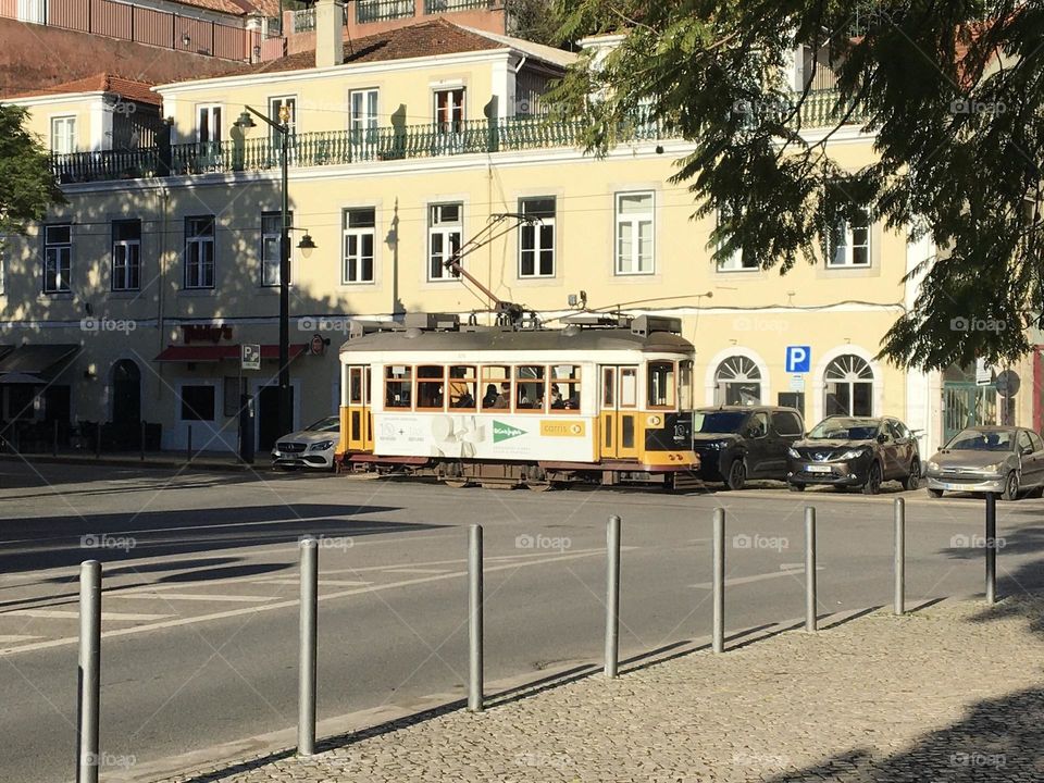 Old traditional tramway in sunny city