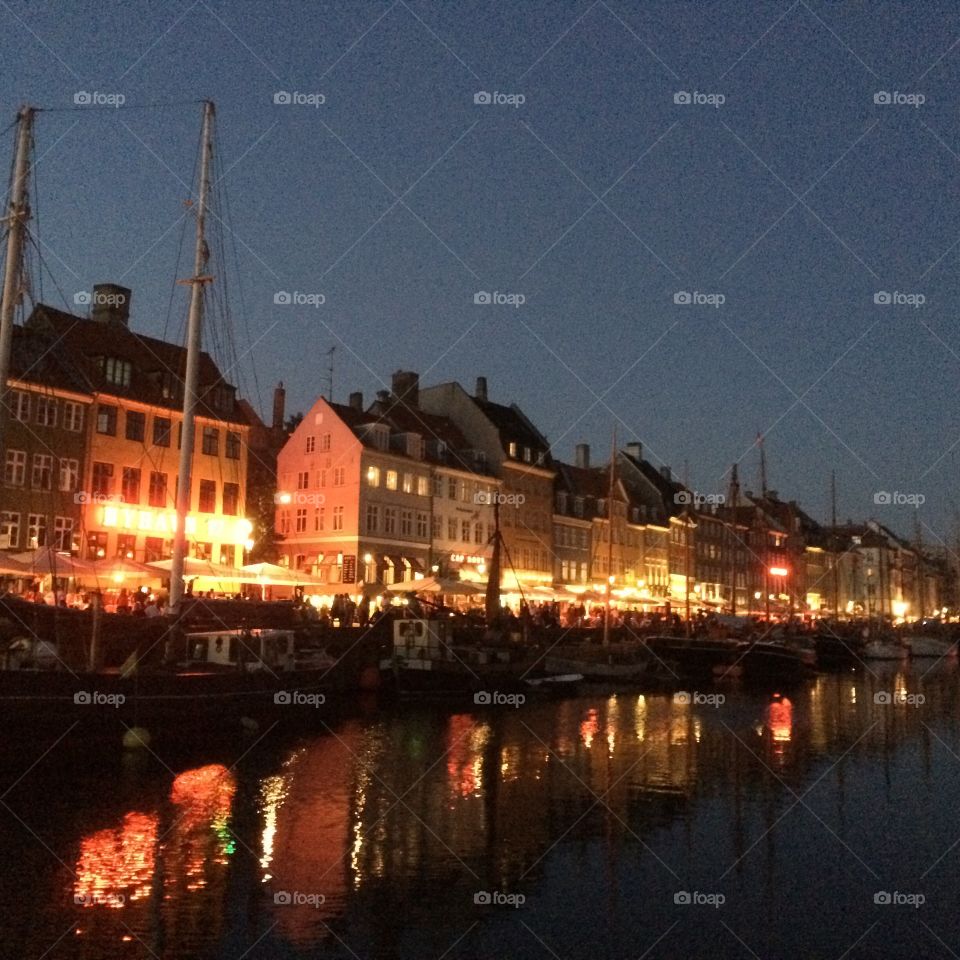 Nyhavn at Night in Copenhagen, Denmark. 