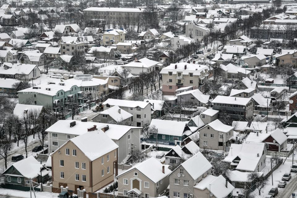 winter cityscape view from above roofs top