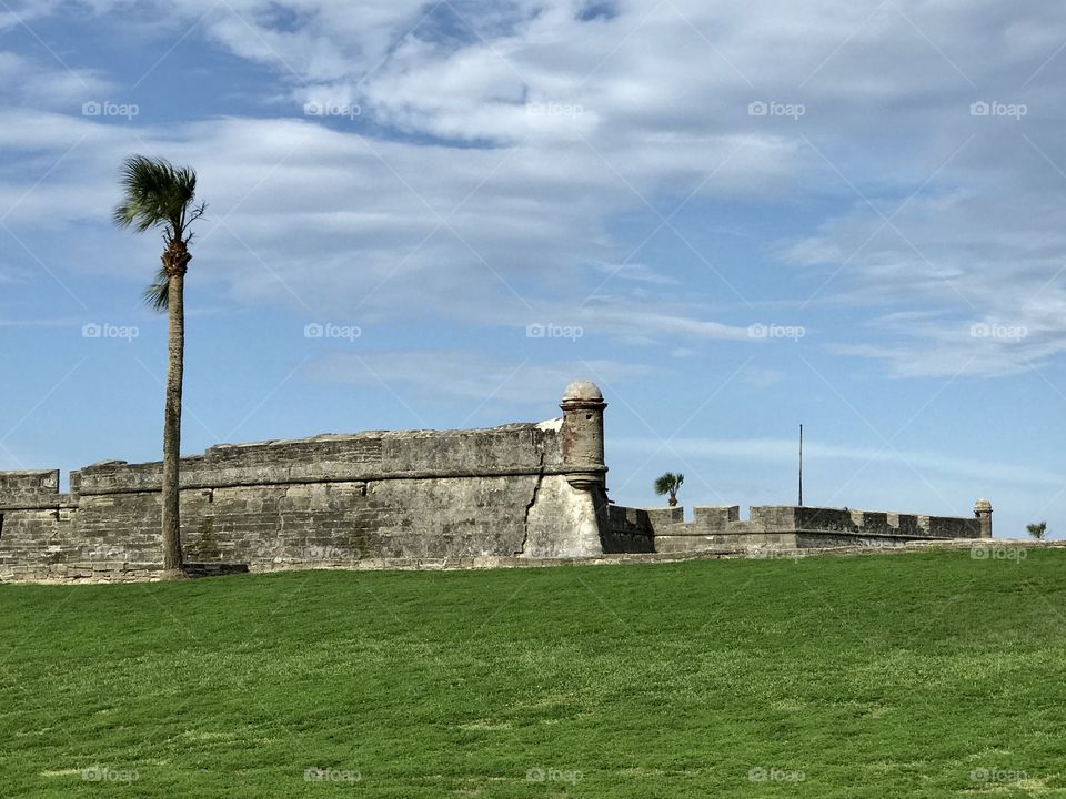 Distant shot of Castillo De San Marcos in St Augustine, Florida on a bright day in June 