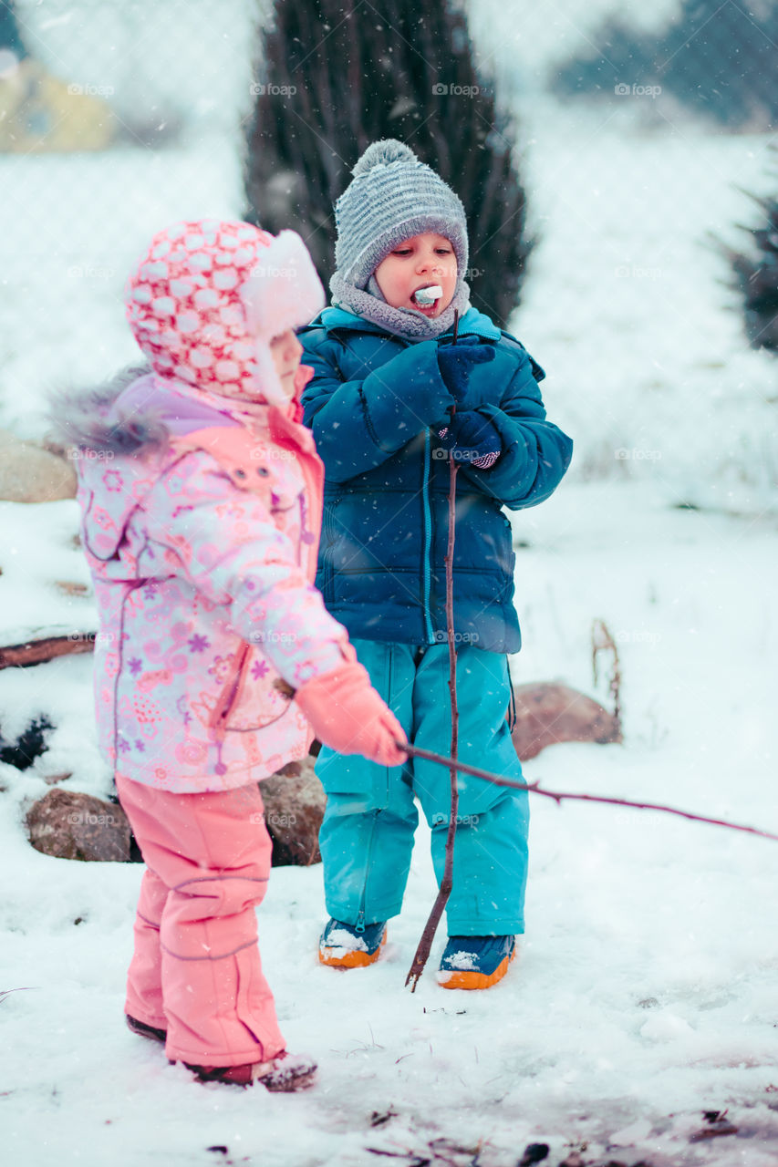Little girl and boy enjoying marshmallows prepared over campfire outdoors in the winter. Children holding wooden sticks with toasted candies. Kids wearing warm clothes