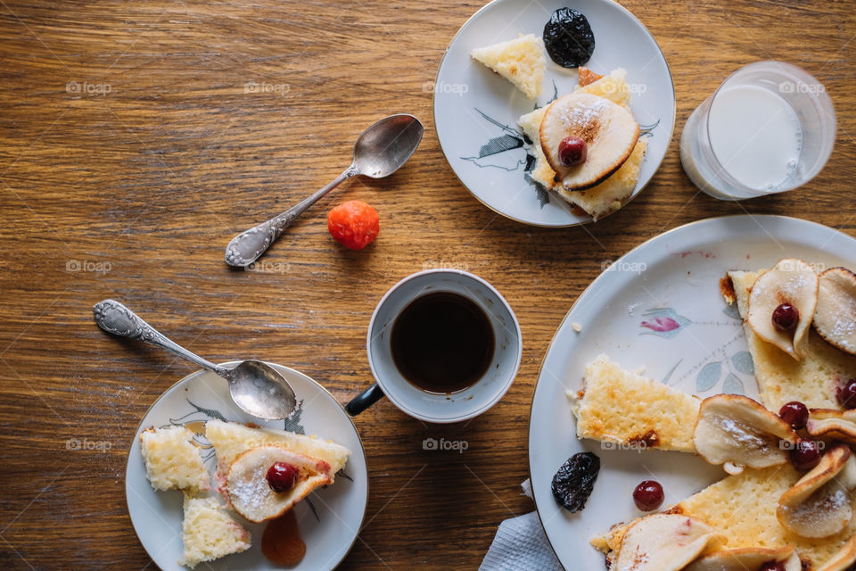 Pudding with fruits and coffee 