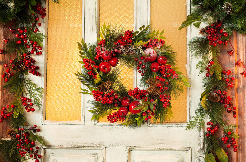 Wreath hanging on door during Christmas