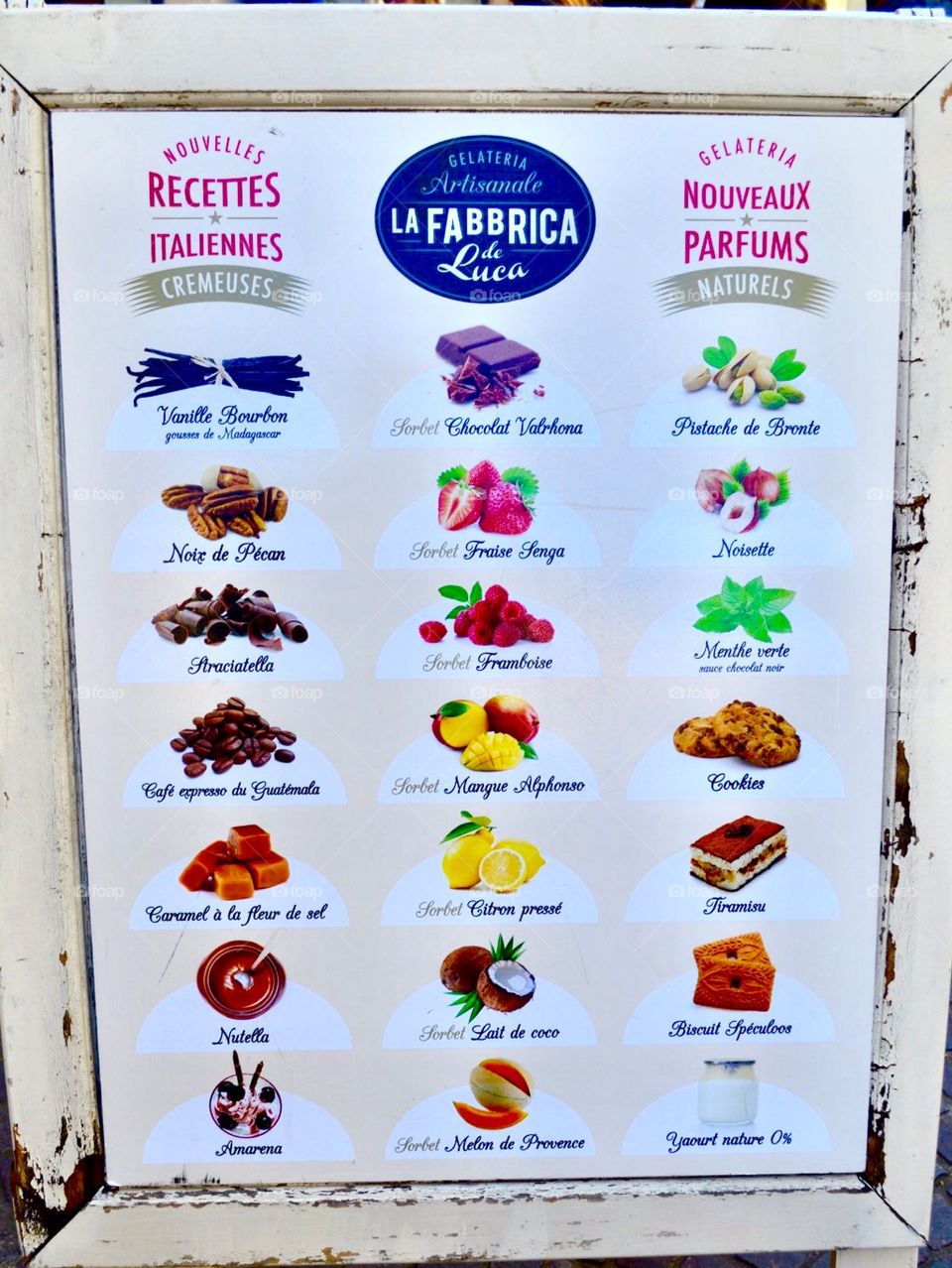 Ice cream flavors at cafe in France 