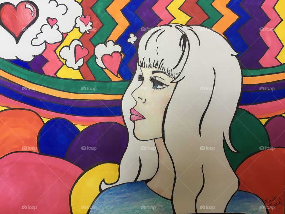 Character design- blue eyed blondie ! The background is done in rainbows to create a fun abstract design. “Love is in the air” Artwork done by Karlee Grey ©️