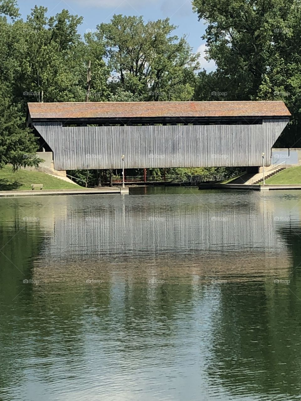 Classic Covered Bridge over Lake