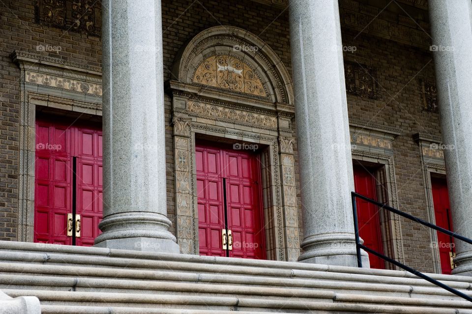 Church entryway big red doors