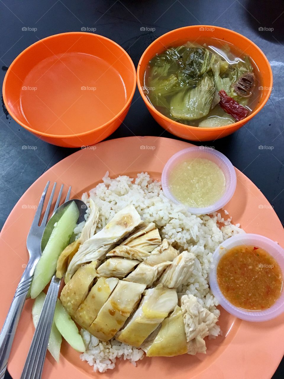Chicken rice with preserved vegetable soup