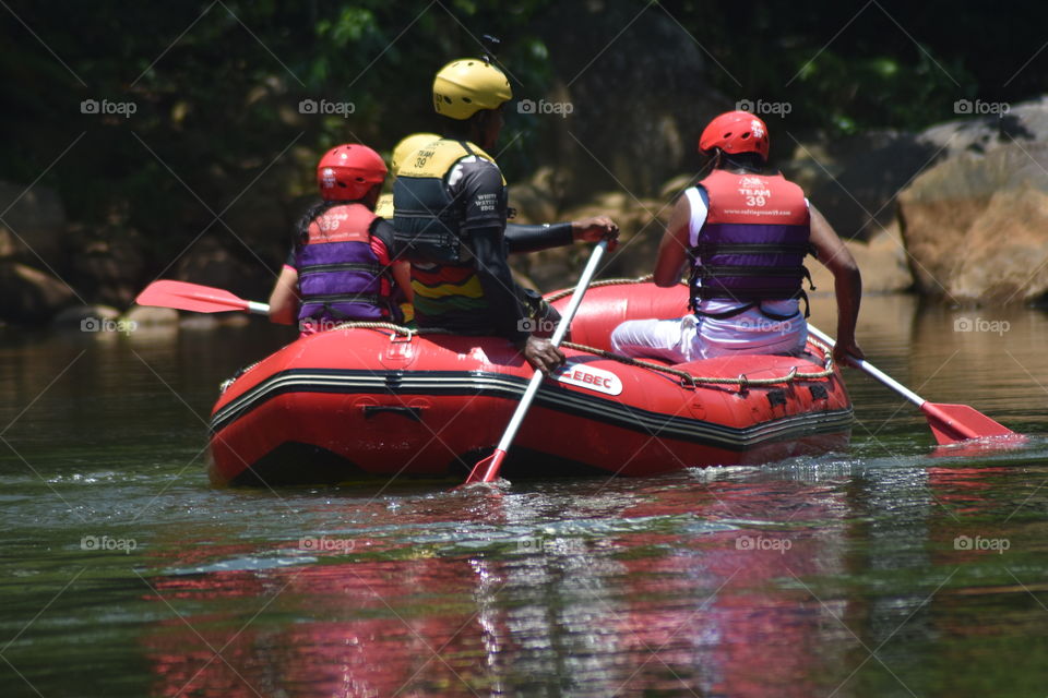 A group of white water rafting
