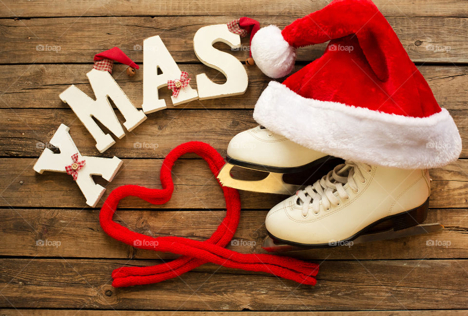 High angle view of shoes and Santa hat