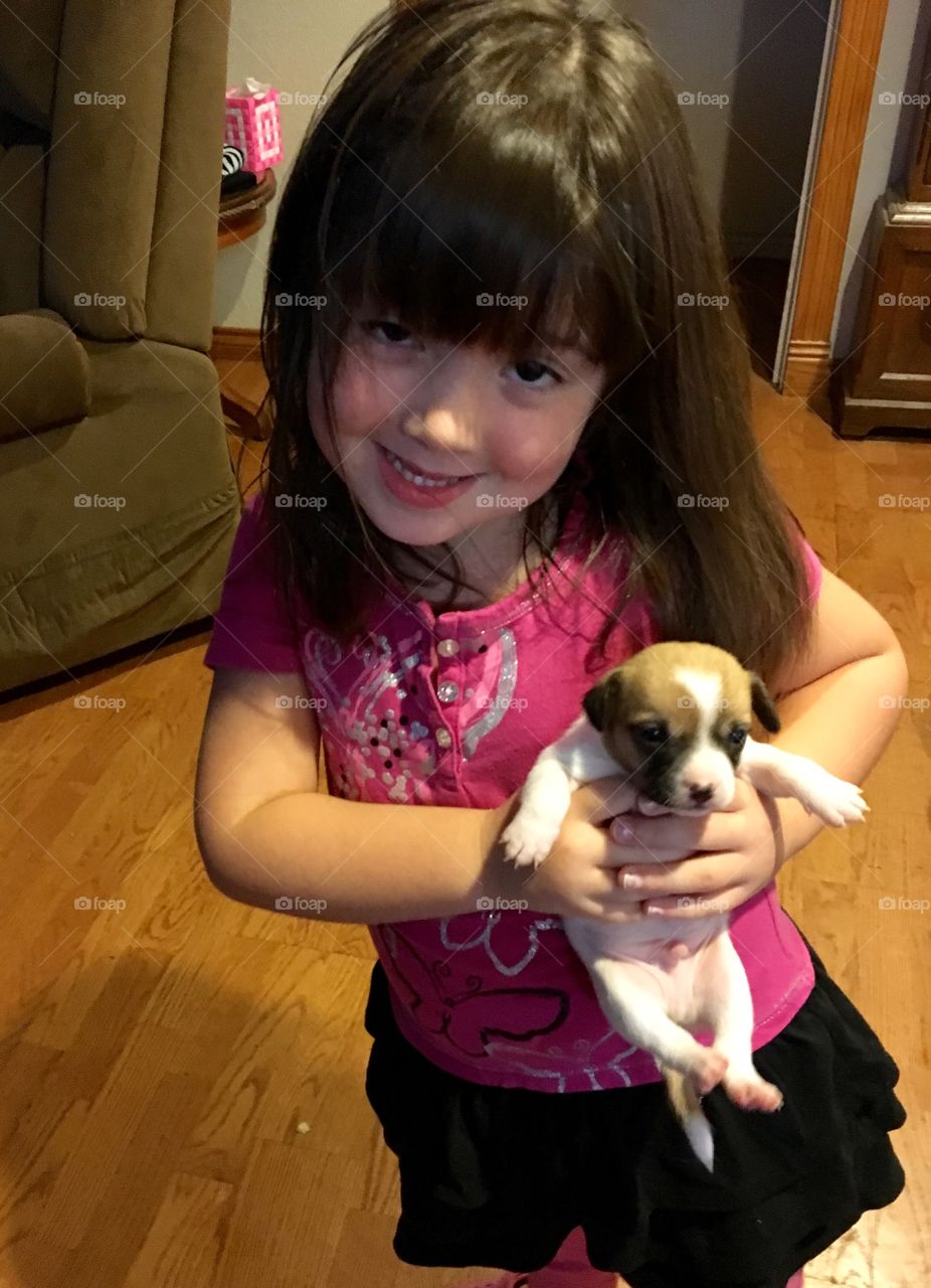 Cute girl holding dog in hand