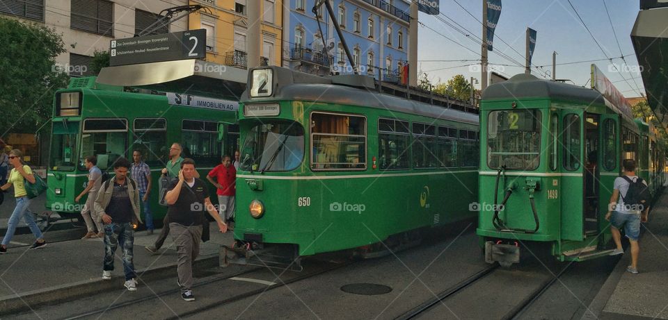 Busy tram stop in Basel 