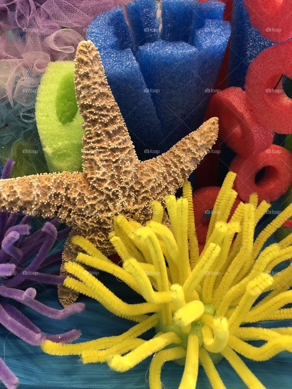 Under the Sea themed party table decorations made from pool noodles and pipe cleaners with a starfish 