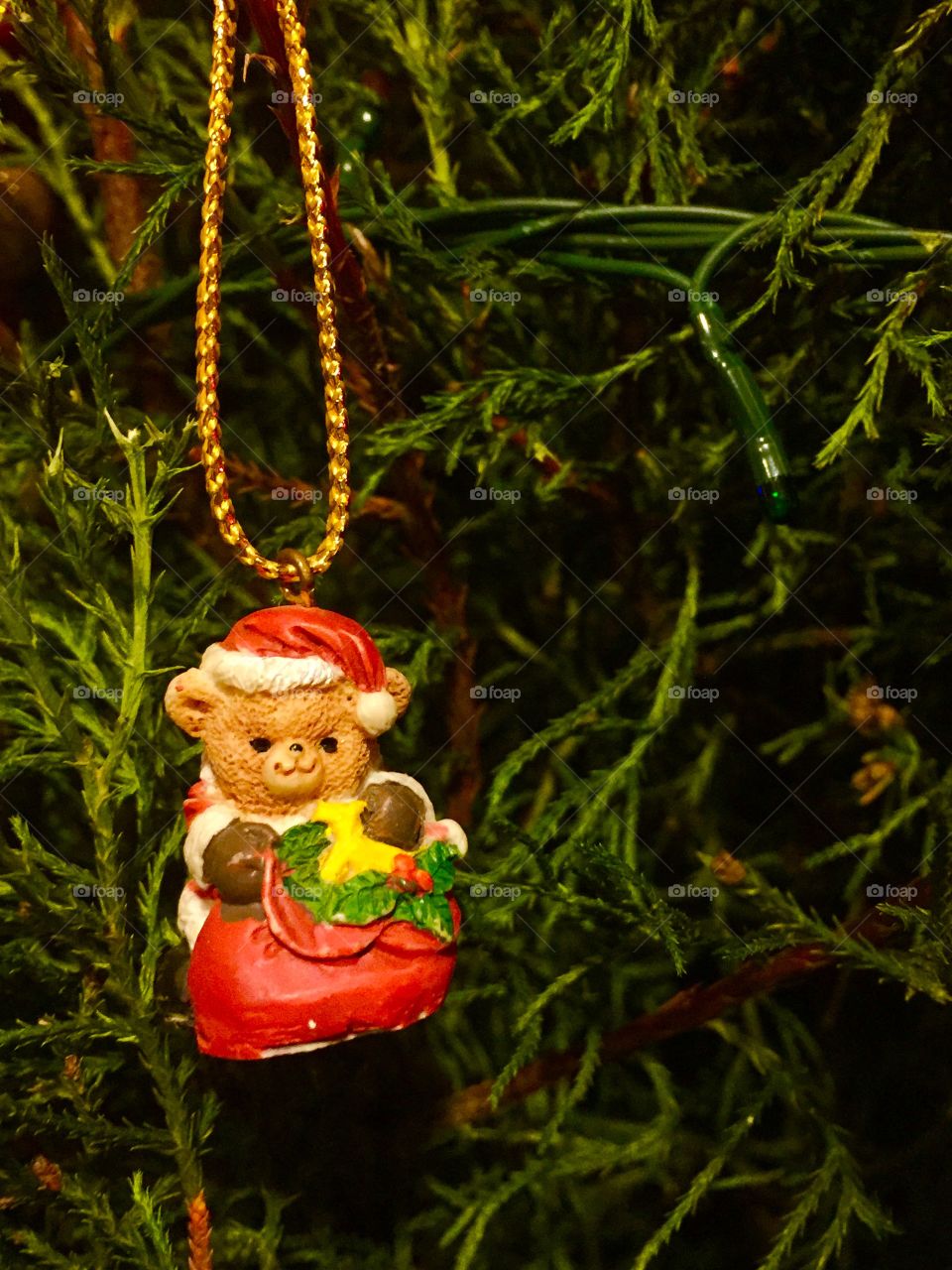 Christmas ornament of a bear hanging from a tree