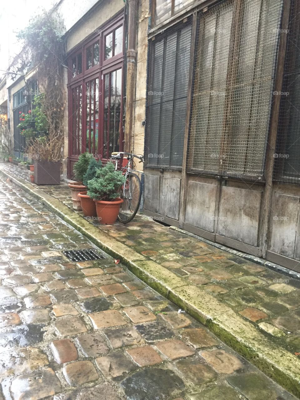 Bicycle on the rainy cobblestone street of Paris 