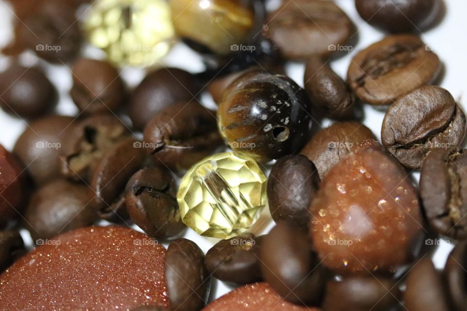 Semi-precious stones and coffee beans