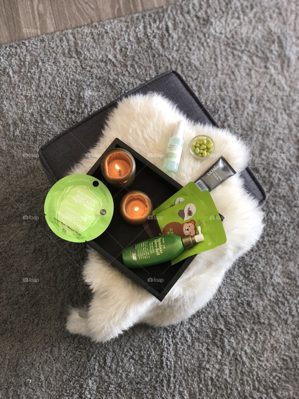 green theme tray of skin care