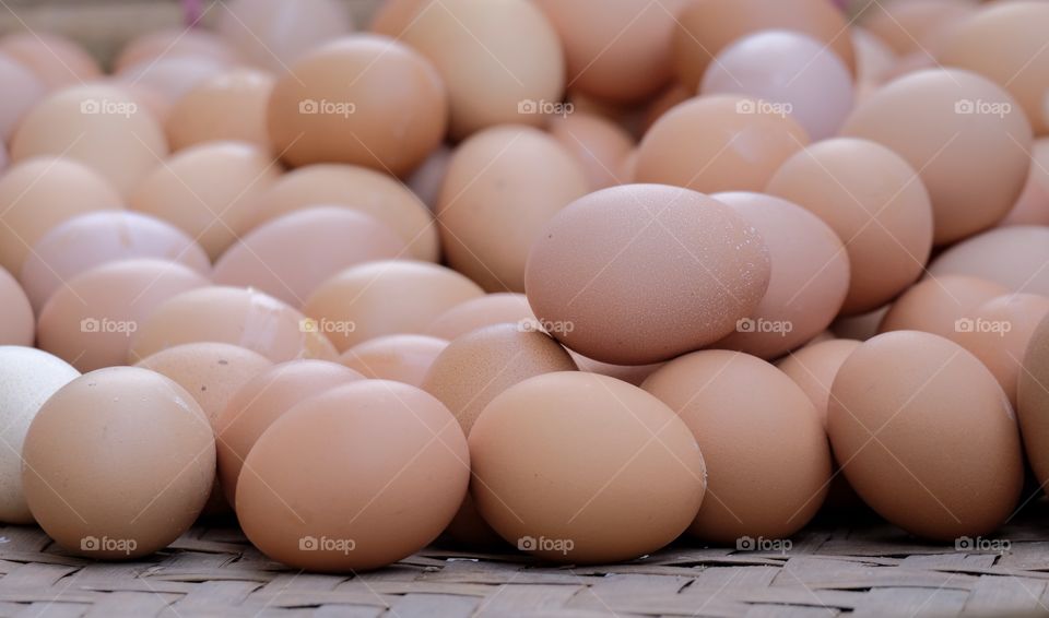 Beautiful fresh hen eggs at the local market