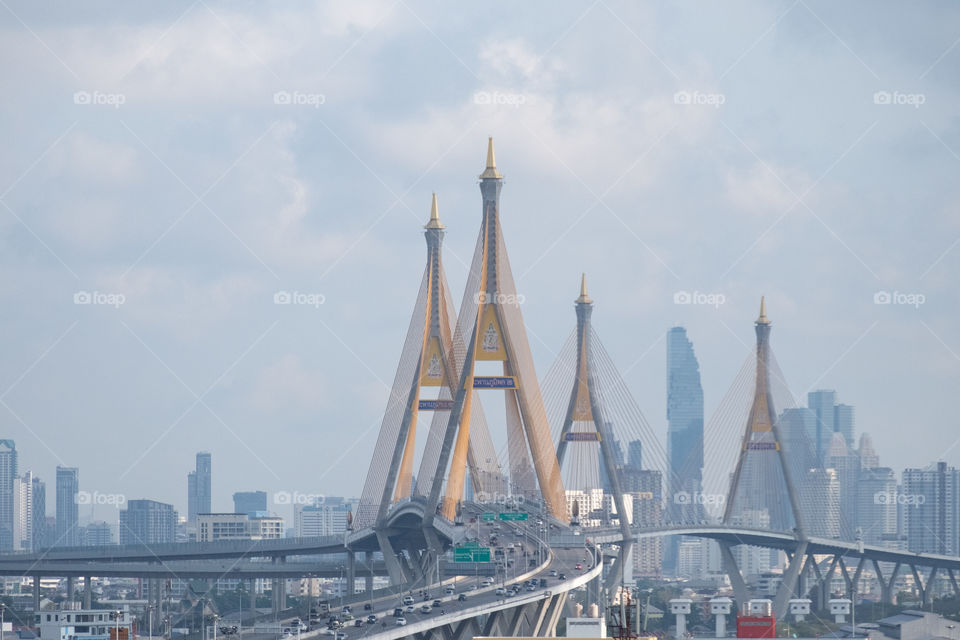 Thailand-May 02 2020:Traffic conditions on the Bhumibol Bridge during the time that Bangkok announced the request for cooperation from the people to stay home