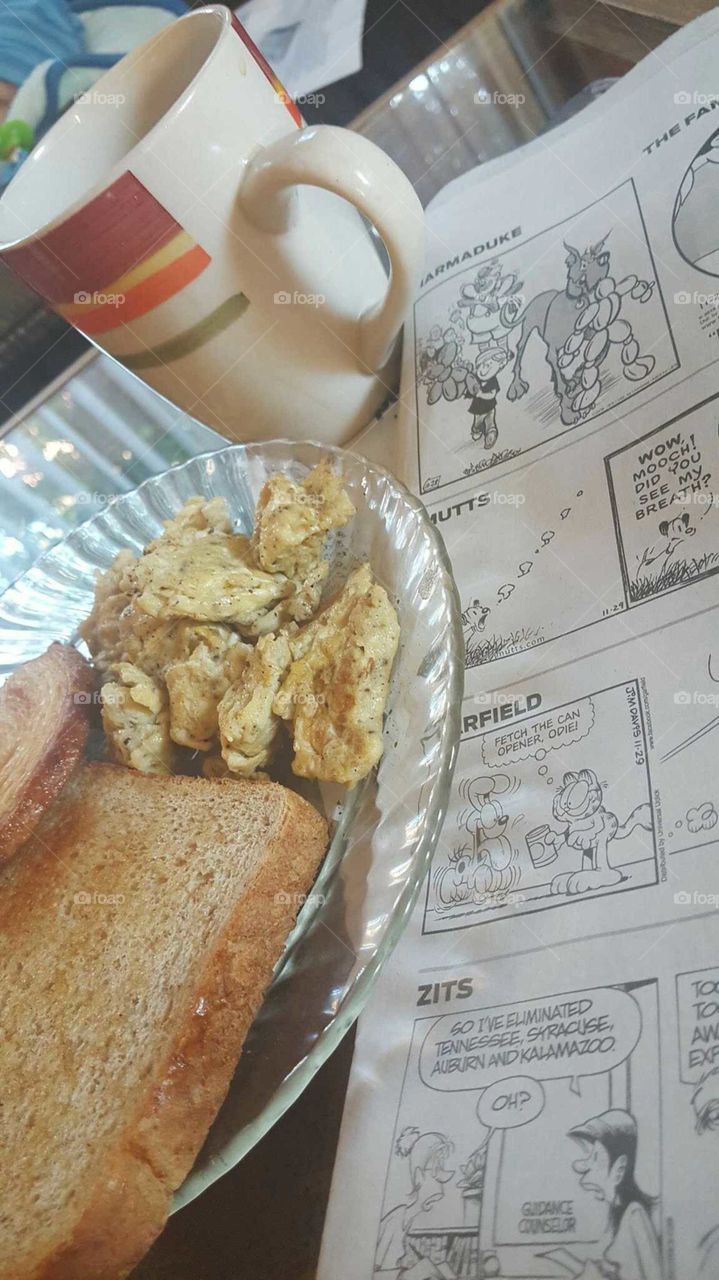 Newspaper comics, Breakfast,  and Early Mornings. Never felt better!