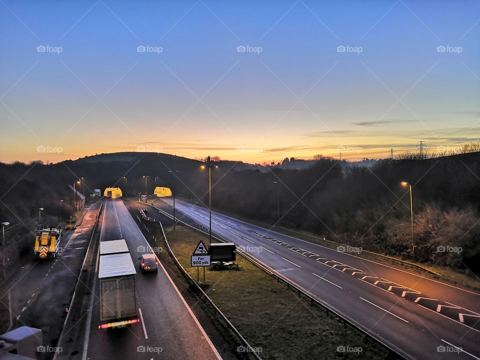 Sunset over the highway in England