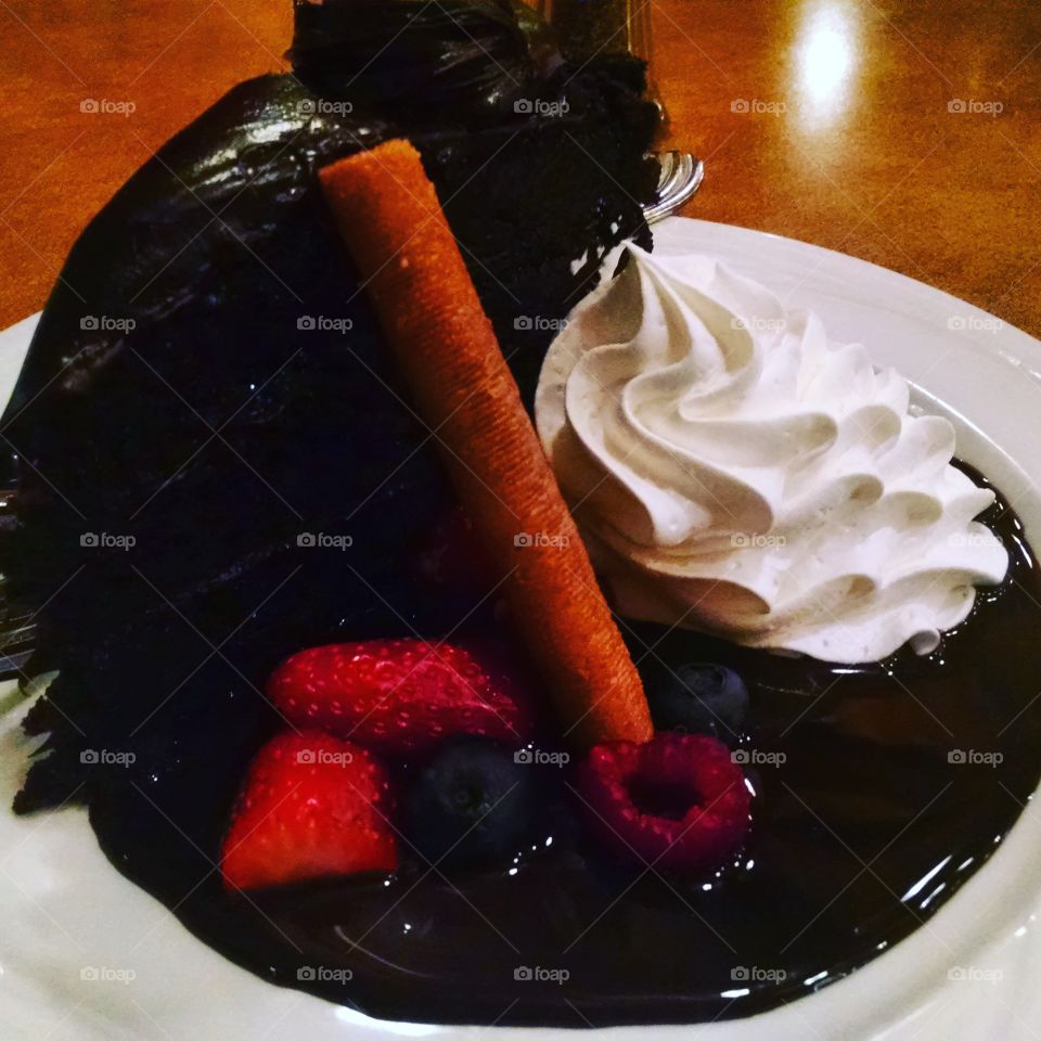 Chocolate cake whipped cream strawberry dessert