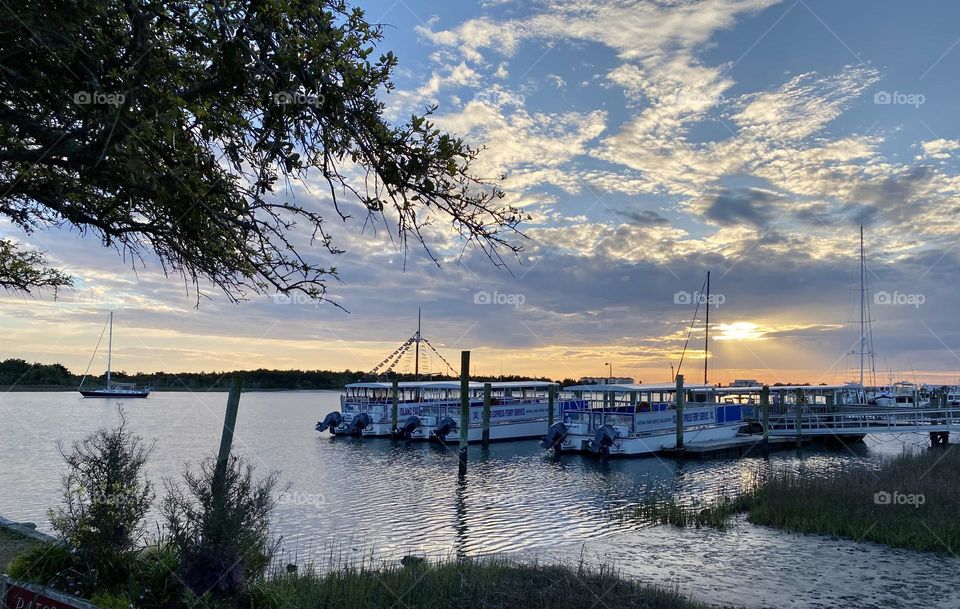 Boats docked at sunset Beaufort NC