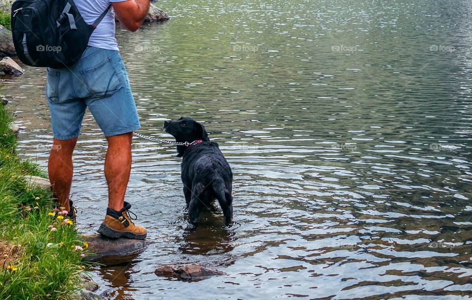 Man and dog on the coast of lake in Rila Mountains, Bulgaria