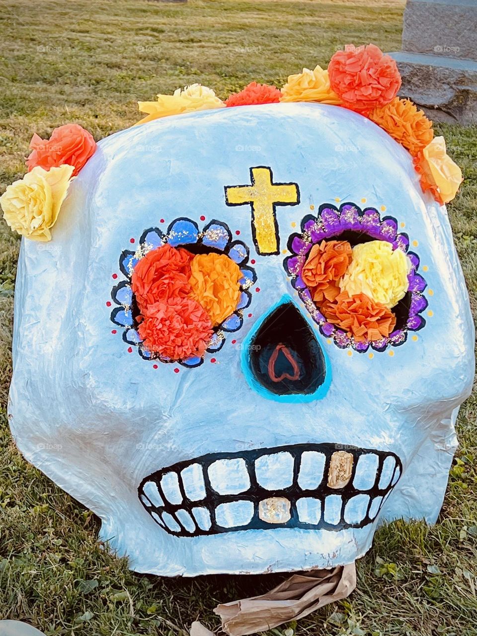 A vibrant decoration at a celebration to educate about the Day of the Dead