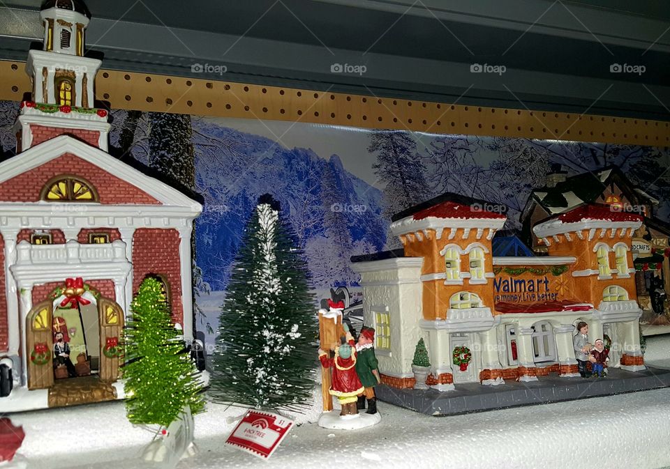 A tiny Christmas community including a church and Wal-Mart.