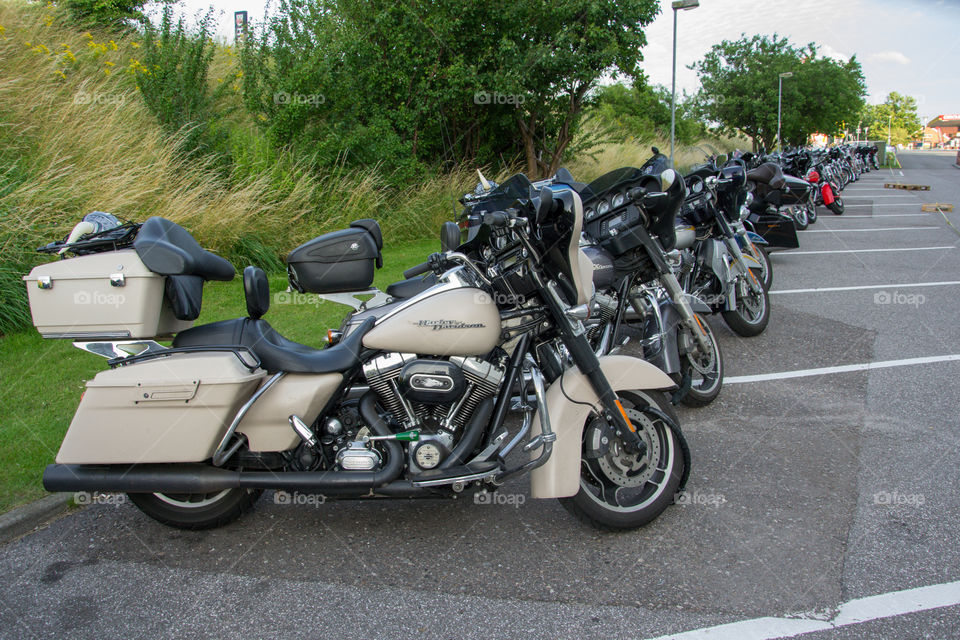 a large collection of motorcycles parked outside a hotel in Denmark.