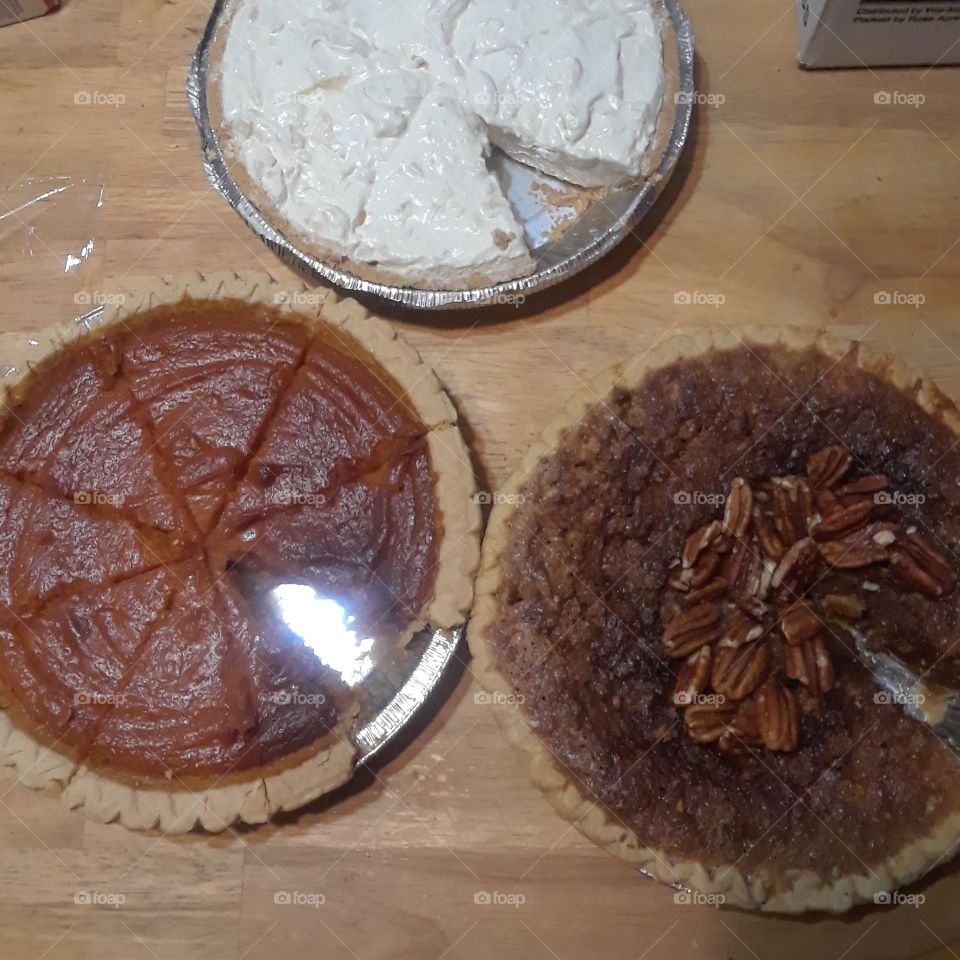 3 Delicious pies pecan, sweet potato, and pneapple cheese cake pie just a piece