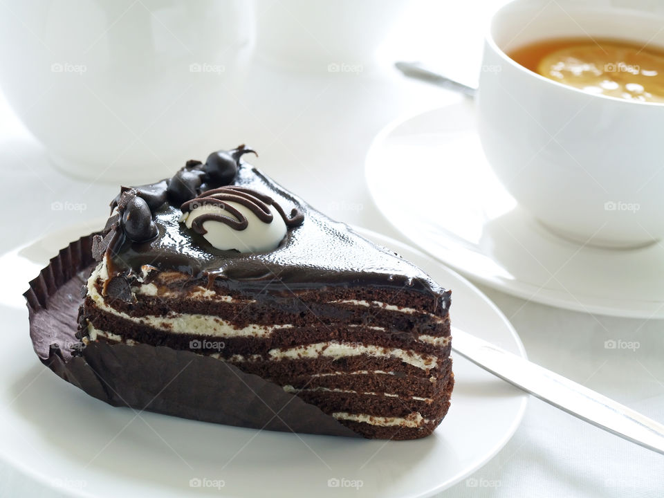 Close-up of chocolate cake slice on plate