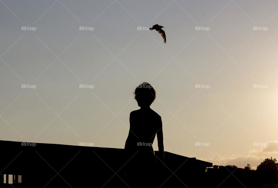 Silhouette of a woman and flying bird