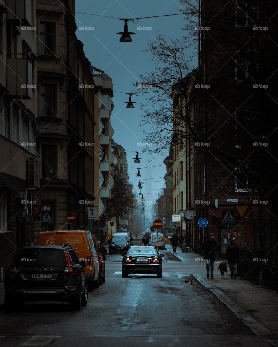 Car at fogging evening