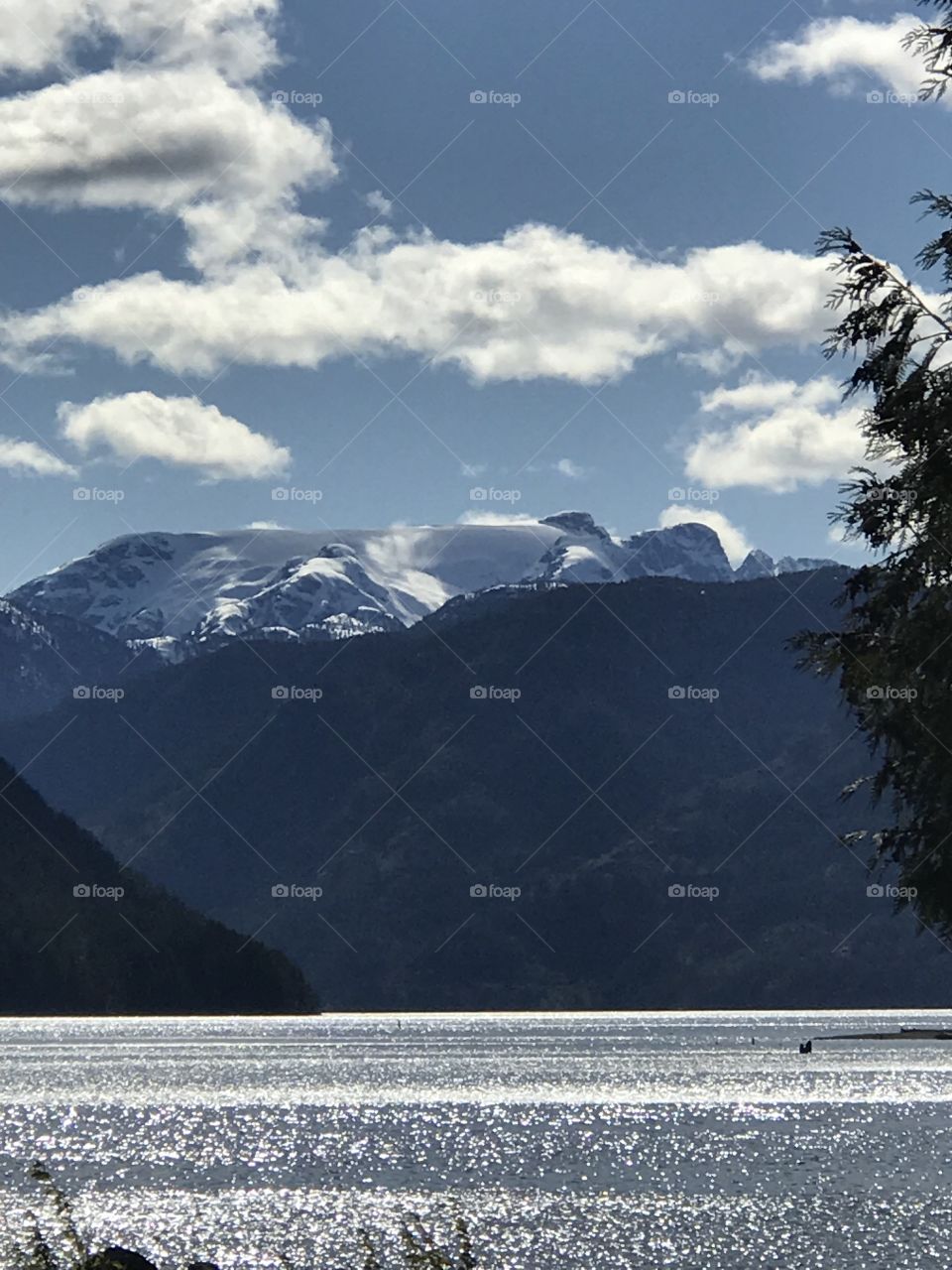 The sun glistening on the almost silver lake, the dark mountains, the white wispy clouds creating beautiful shadows on the snowy glacier, the blue sky, the green trees - a truly stunning sunny, windy Spring day! Paradise!