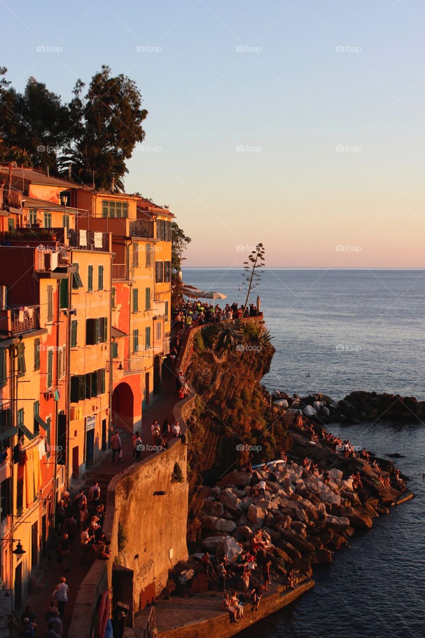 Pink sunset in Riomaggiore, Italy 