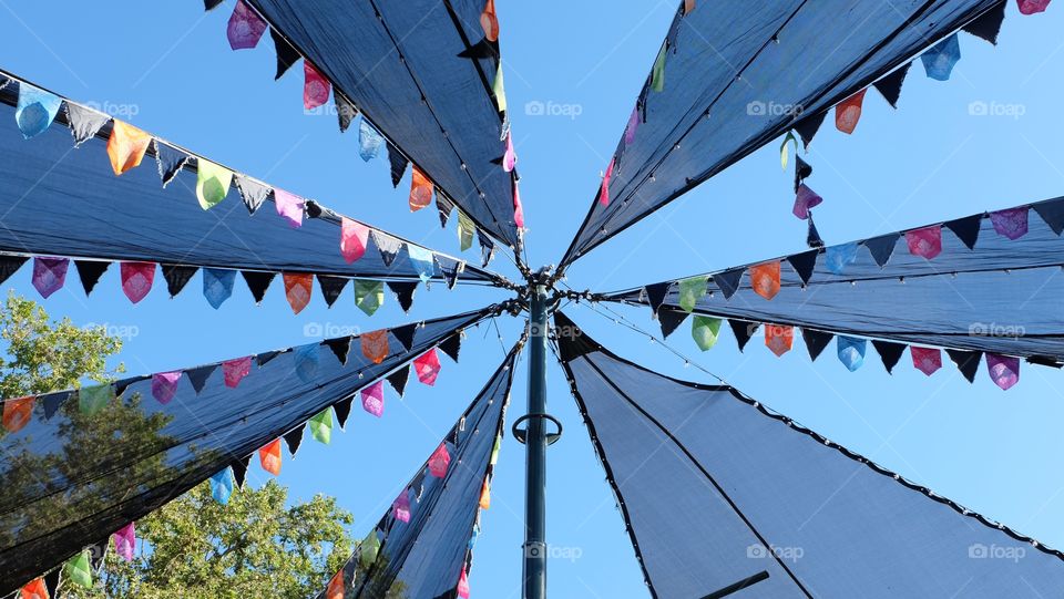 Colorful overhead fabric decoration in summer festival