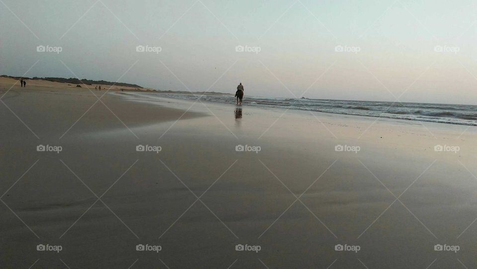 lonely man on horseback walking around the beach at essaouira city in Morocco.