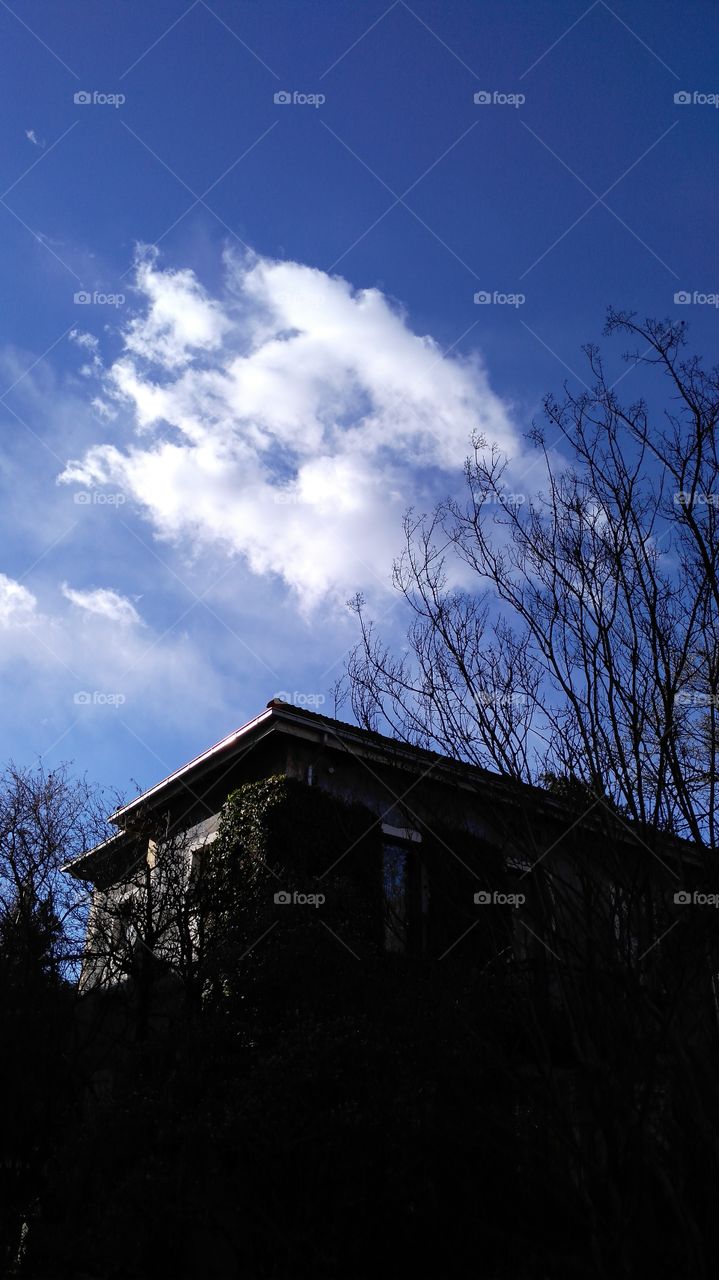 blue sky with clouds and house tree
