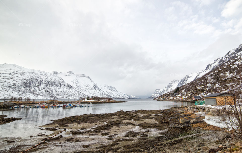 View of snowy mountain near lake