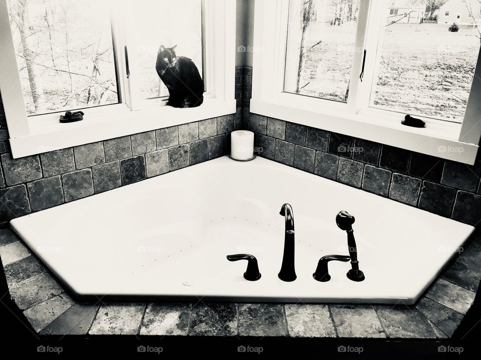 Darling black kitty cat sitting on window ledge above large corner white tub! 