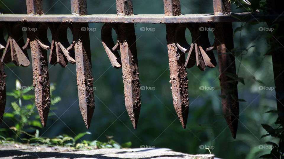 Rusted fence with sunlight highlighting its texture.