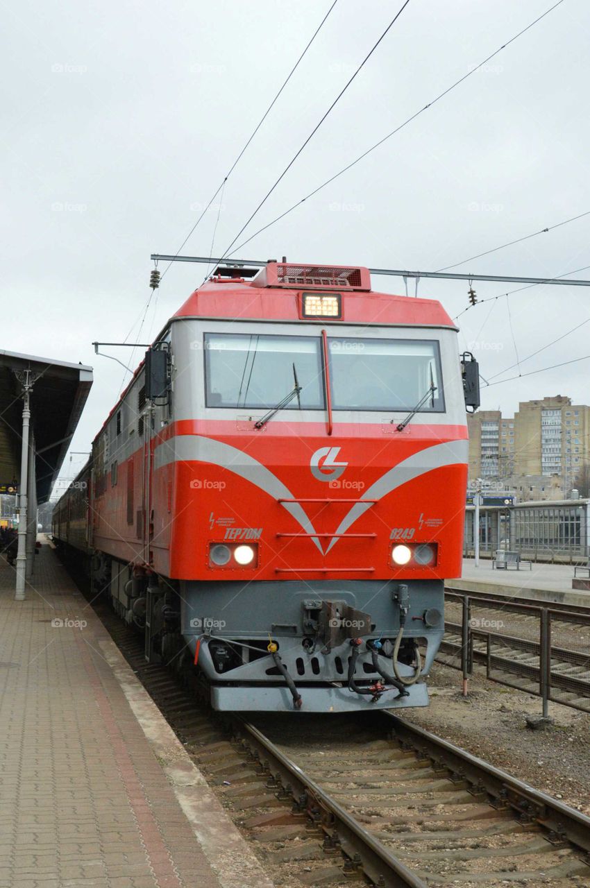 red locomotive. Vilnius 2016, spring