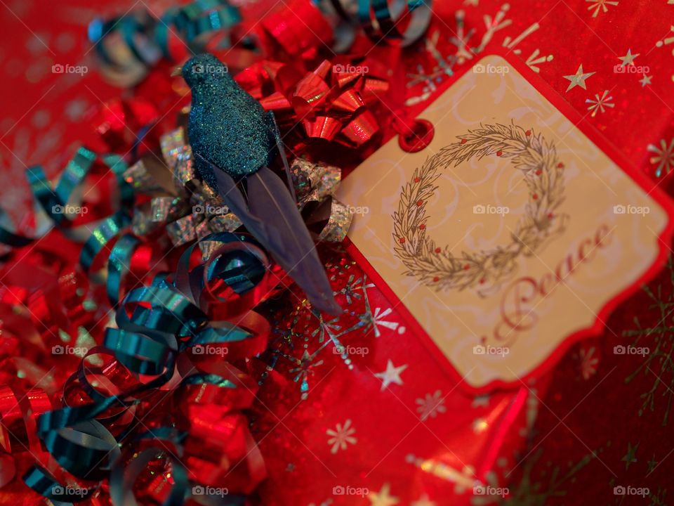 A decorative blue bird covered in glitter adorns a red wrapped Christmas present with a tag and shiny blue and silver ribbon.