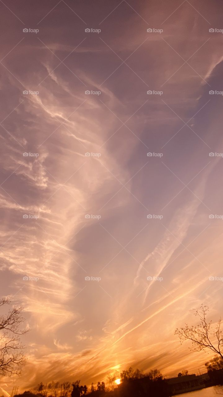 High Clouds adjusting the sky during Sunset. Colors radiating within all the feathering of clouds with wind patterns. 