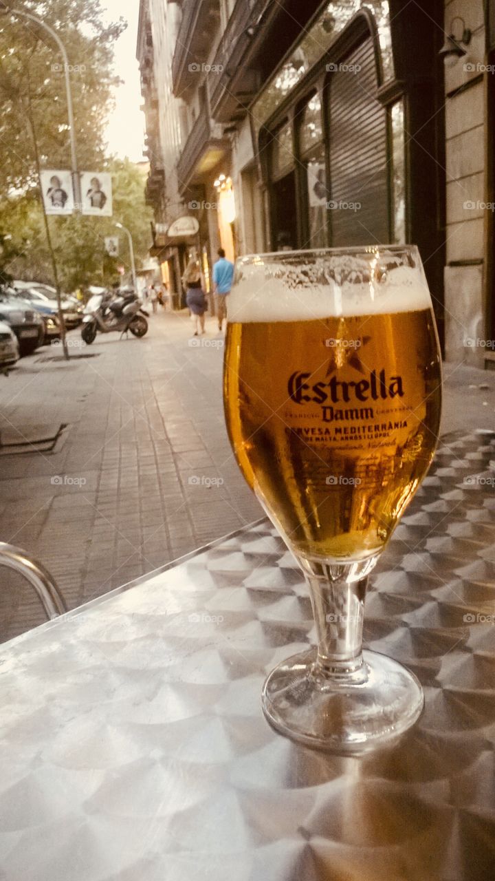 Estrella beer on the table in Barcelona 