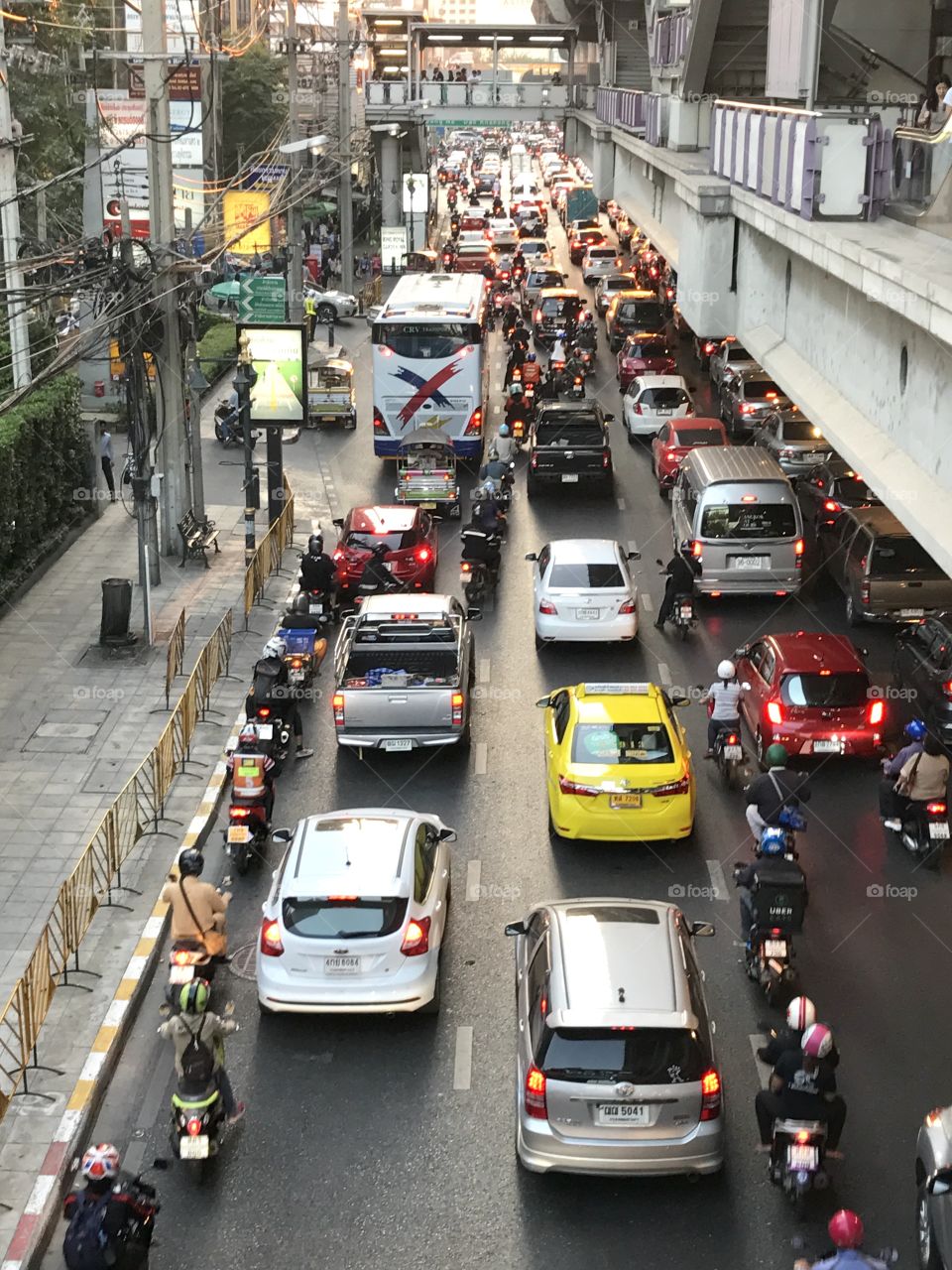 Bumper to bumper rush hour on busy city street