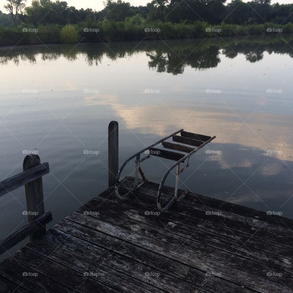Incredible Reflections, reflecting, reflection,reflect, light, Sky, clouds, water, lake, pond, dock, wood, wooden, old, ladder, railing, trees, 